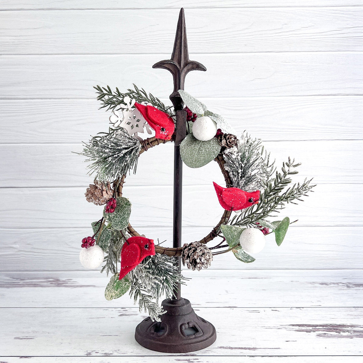 Cardinal &amp; Pine Candle Ring / Mini Wreath 4.5&quot; Inner Diameter