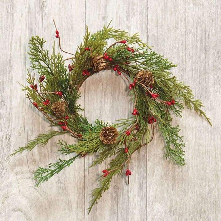 Evergreen Pine W/ Red Pip Berries Candle Ring / Wreath 3.5&quot; Inner Diameter-Craft Wholesalers-The Village Merchant