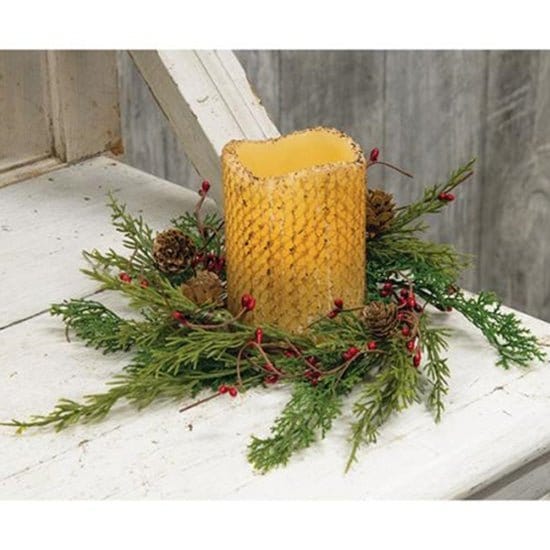 Evergreen Pine W/ Red Pip Berries Candle Ring / Wreath 3.5&quot; Inner Diameter-Craft Wholesalers-The Village Merchant