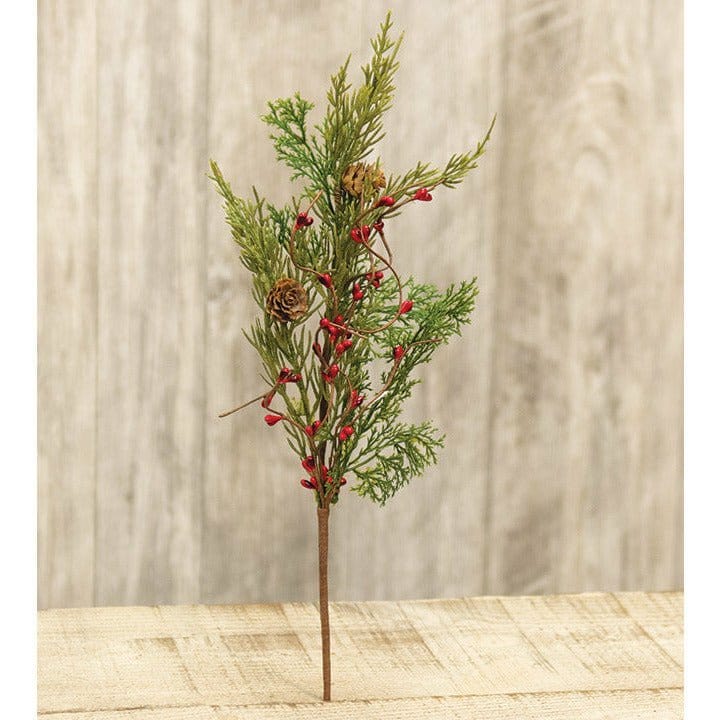 Evergreen Pine W/ Red Pip Berries Pick / Spray 14&quot; High-Craft Wholesalers-The Village Merchant