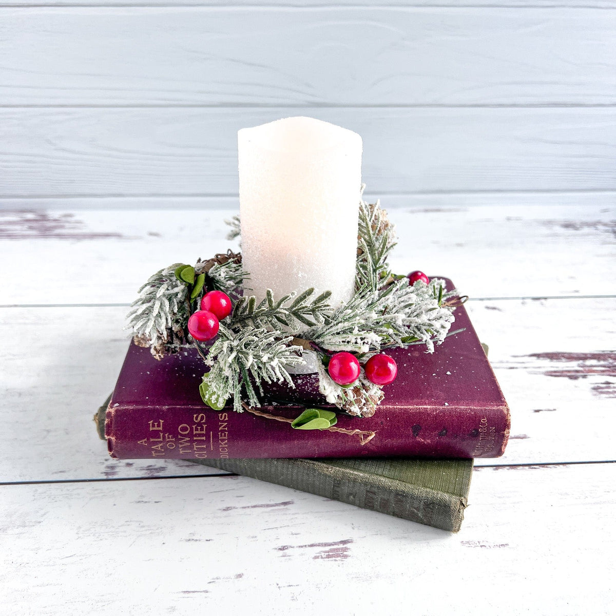 Flocked Pine &amp; Holly Candle / Napkin Ring 2.5&quot; Diameter