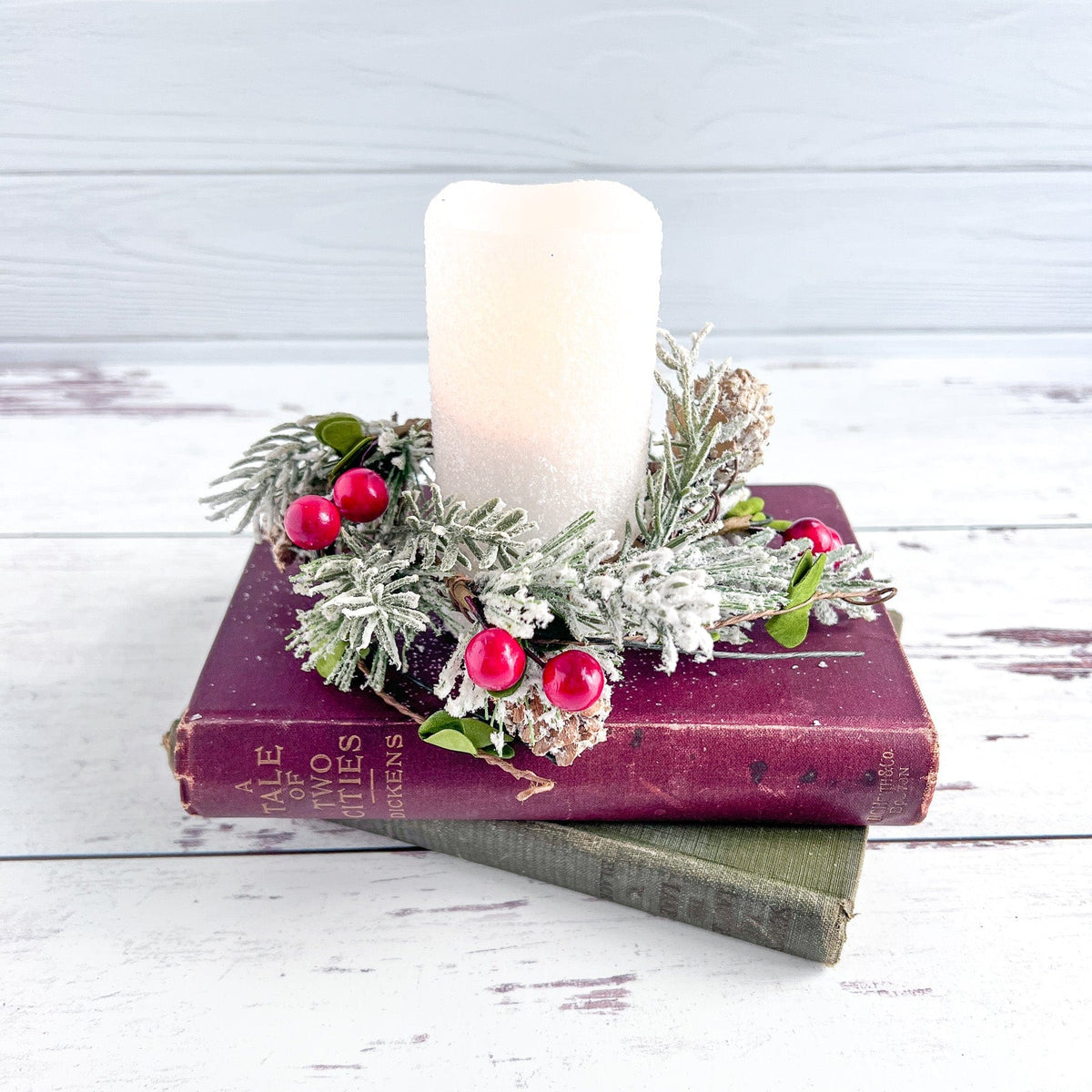 Flocked Pine &amp; Holly Candle / Napkin Ring 2.5&quot; Diameter