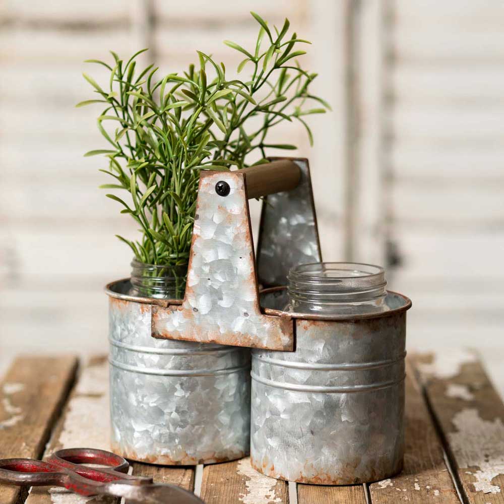 Galvanized Metal Can Caddy / Carrier With Handle & 2 Mason Jars-CTW Home-The Village Merchant