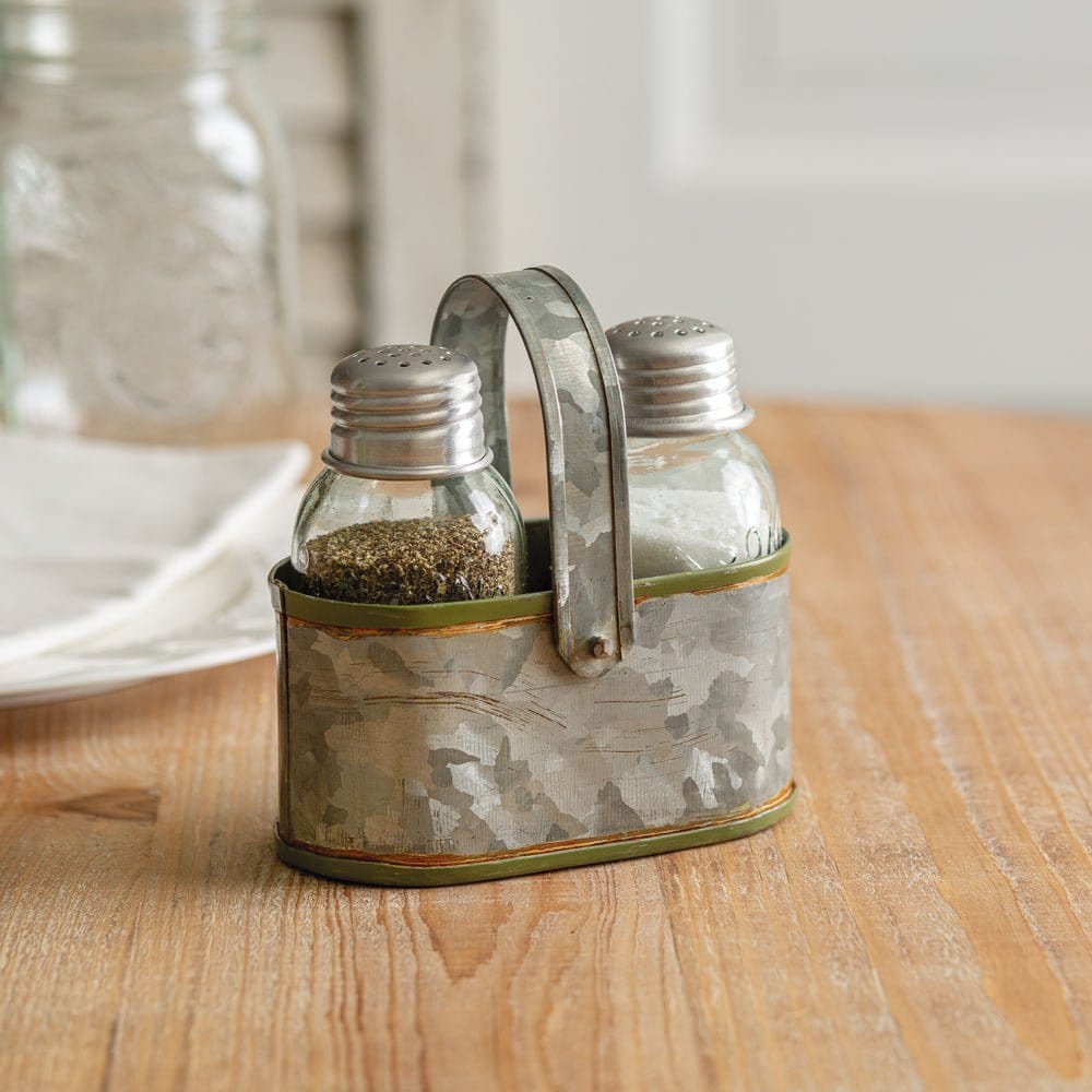 Galvanized Metal &amp; Glass Mini Mason Jar Salt &amp; Pepper Shakers With Caddy With Handle-CTW Home-The Village Merchant