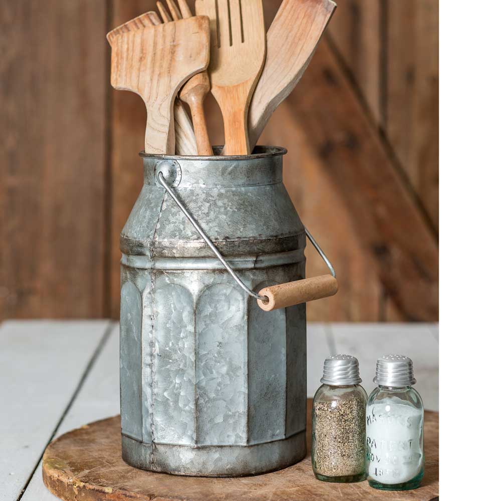 Galvanized Metal Milk Can With Wooden Handle-CTW Home-The Village Merchant