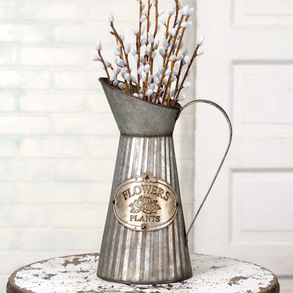 Galvanized Metal Tall Pitcher With Flowers Plants Embossed Name Plate-CTW Home-The Village Merchant