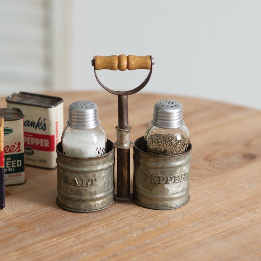 Galvanized Metal With Wood Handle Salt & Pepper Shakers With Caddy-CTW Home-The Village Merchant
