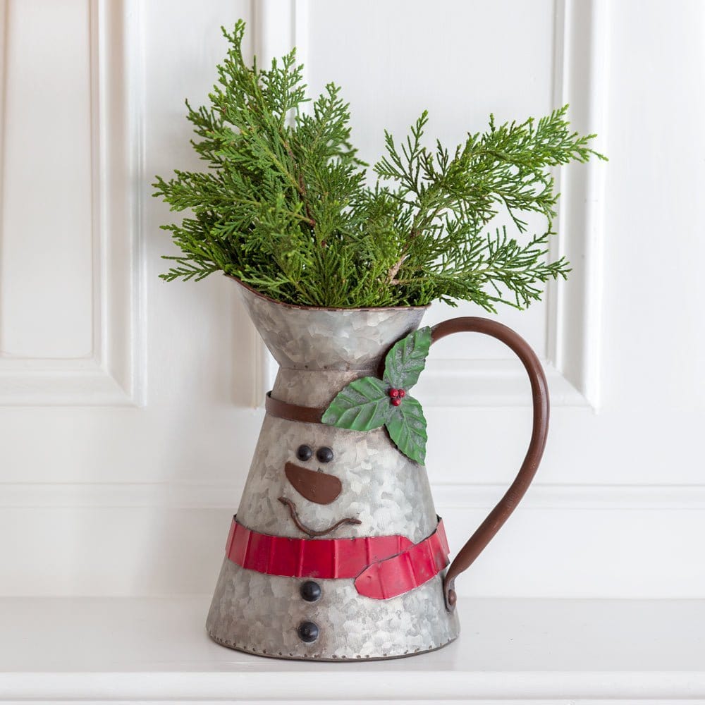 Galvanized &amp; Painted Metal Snowman Tall Pitcher With Handle-CTW Home-The Village Merchant