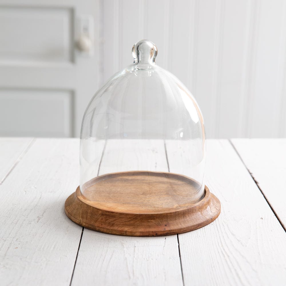 Glass &amp; Wood Small Bell Shaped Cloche With Base-CTW Home-The Village Merchant