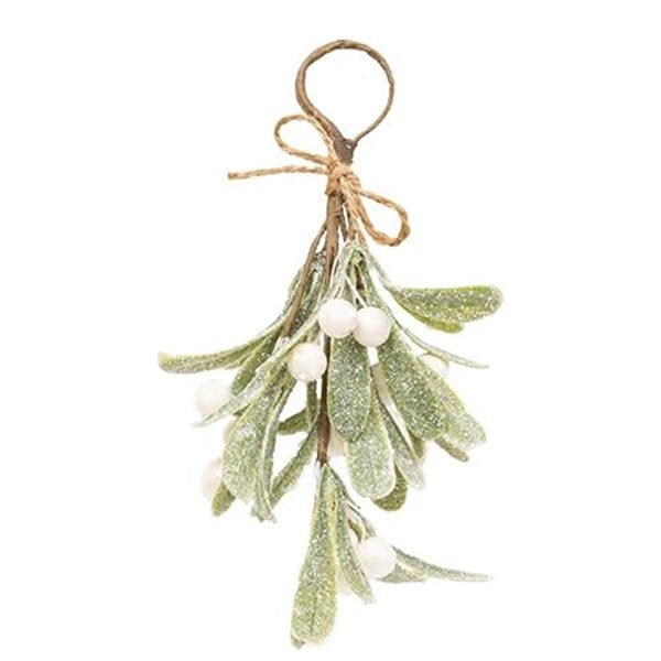 Glittered Mistletoe Ornament Bunch With Jute Bow 8" High-Craft Wholesalers-The Village Merchant