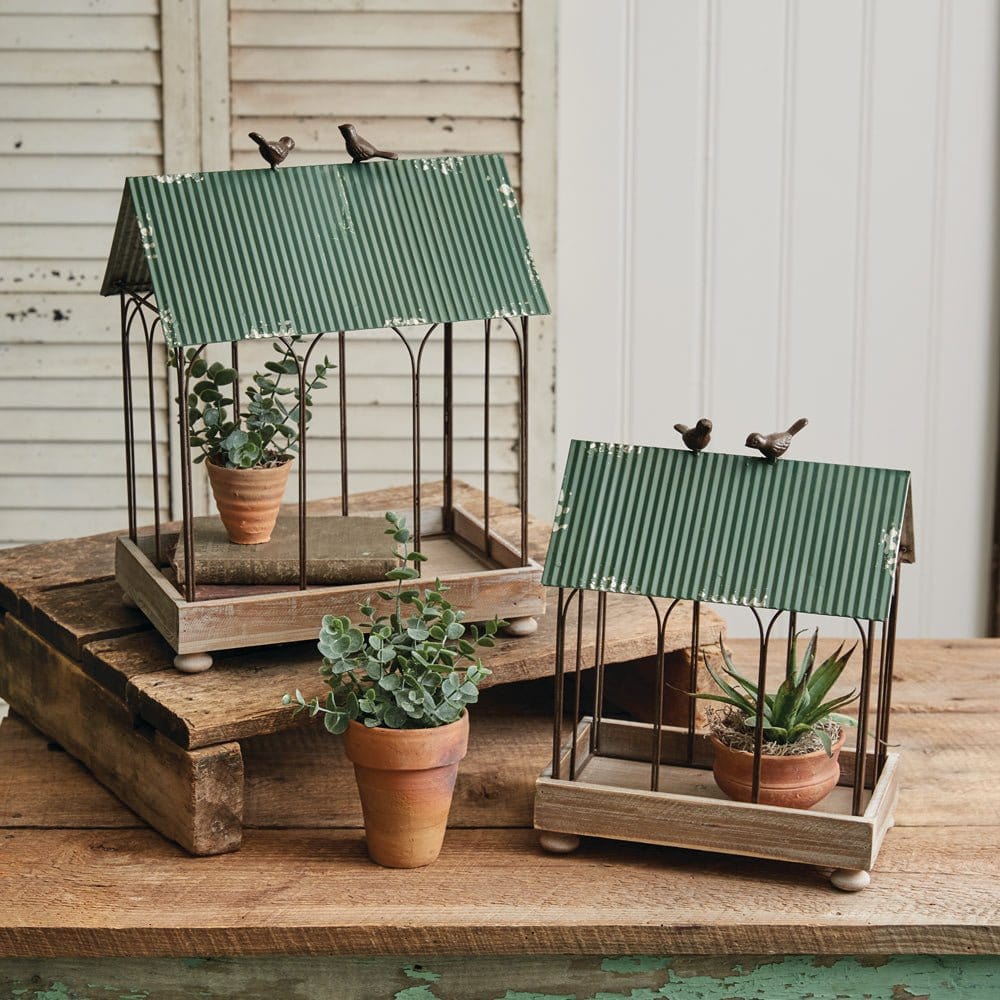 Green Roof Metal &amp; Wood Terrarium Set of 2 - Assorted Sizes-CTW Home-The Village Merchant
