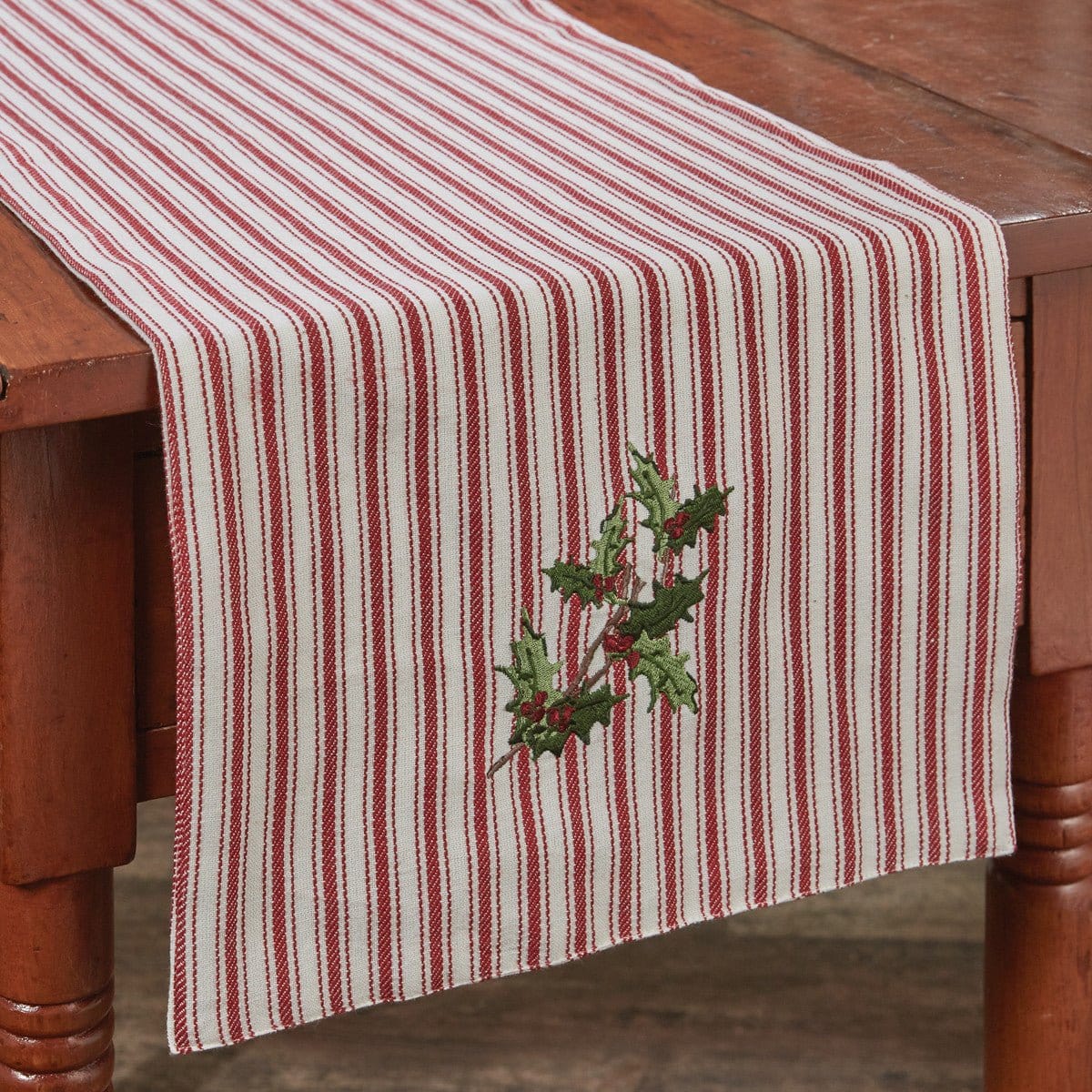 Holly &amp; Ticking Embroidered table Runner 36&quot; Long-Park Designs-The Village Merchant