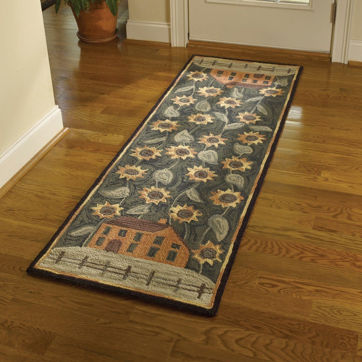 House &amp; Sunflowers Hooked Rug 24&quot; x 72&quot; Runner-Park Designs-The Village Merchant