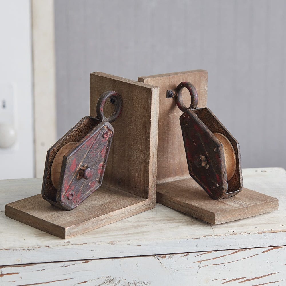 Metal &amp; Wood Repurposed Pulley Bookends-CTW Home-The Village Merchant