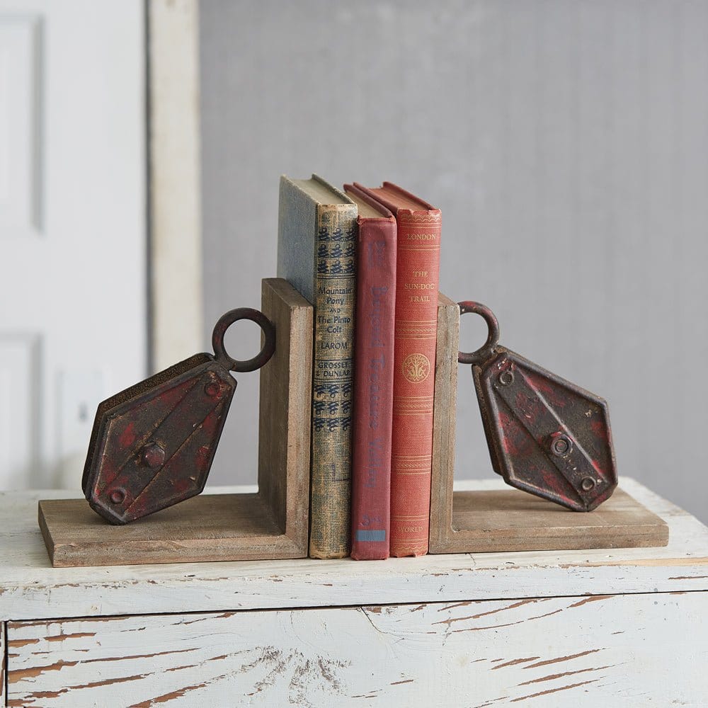 Metal &amp; Wood Repurposed Pulley Bookends-CTW Home-The Village Merchant