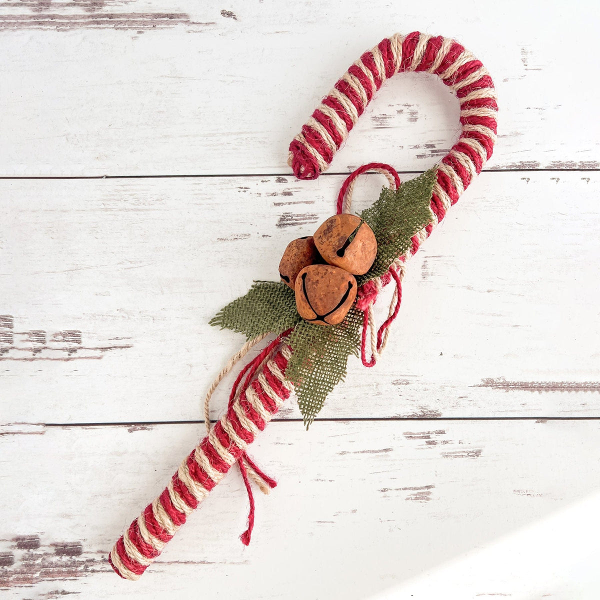 Red &amp; Tan Jute Large Candy Cane Christmas Decoration 14&quot; Long