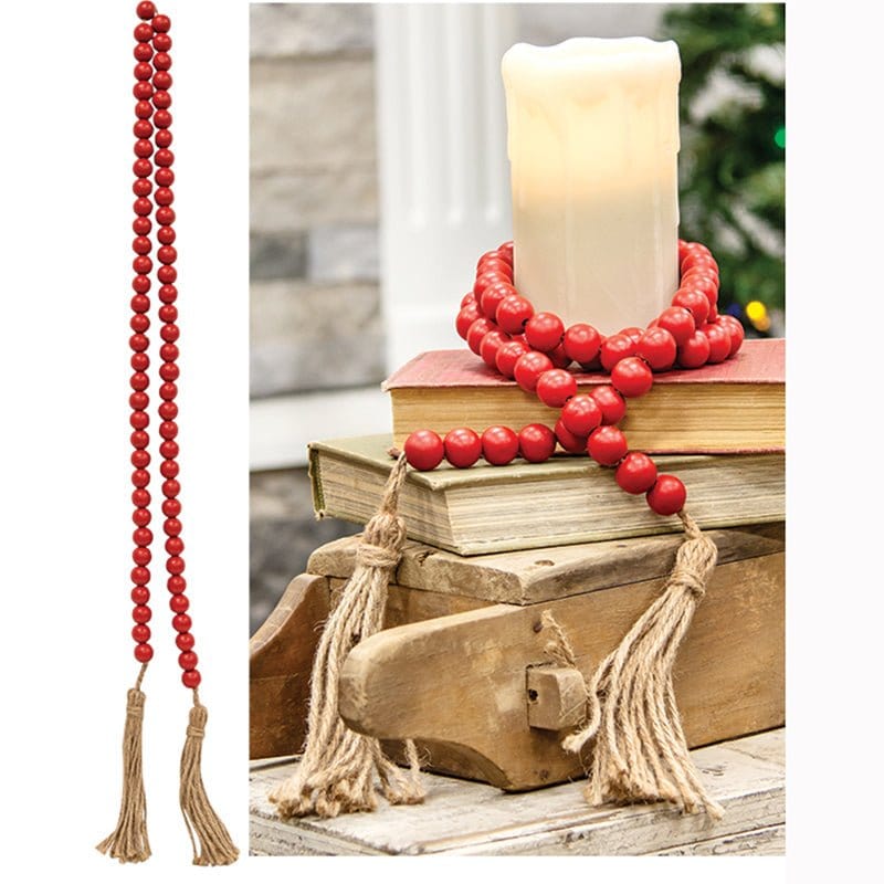 Red Wood Bead Garland With Jute Tassels 60&quot; Long-CWI Gifts-The Village Merchant