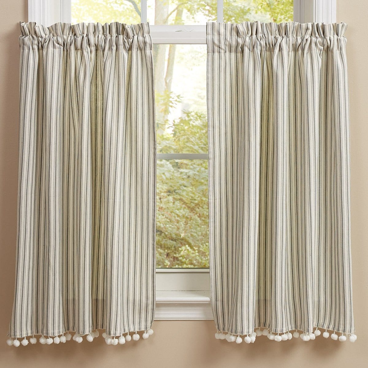 Ticking with Ball Fringe Tier Pair 36" Long Unlined-Park Designs-The Village Merchant