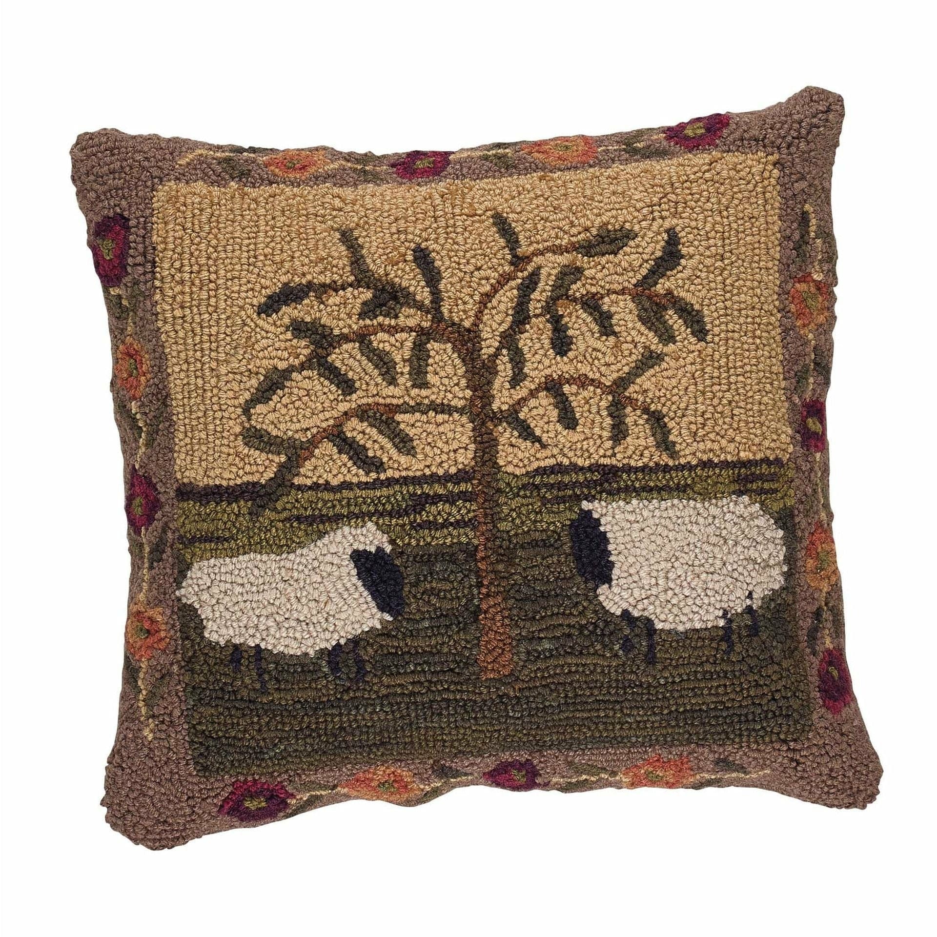 Willow & Sheep Hooked Pillow 18" x 18"-Park Designs-The Village Merchant