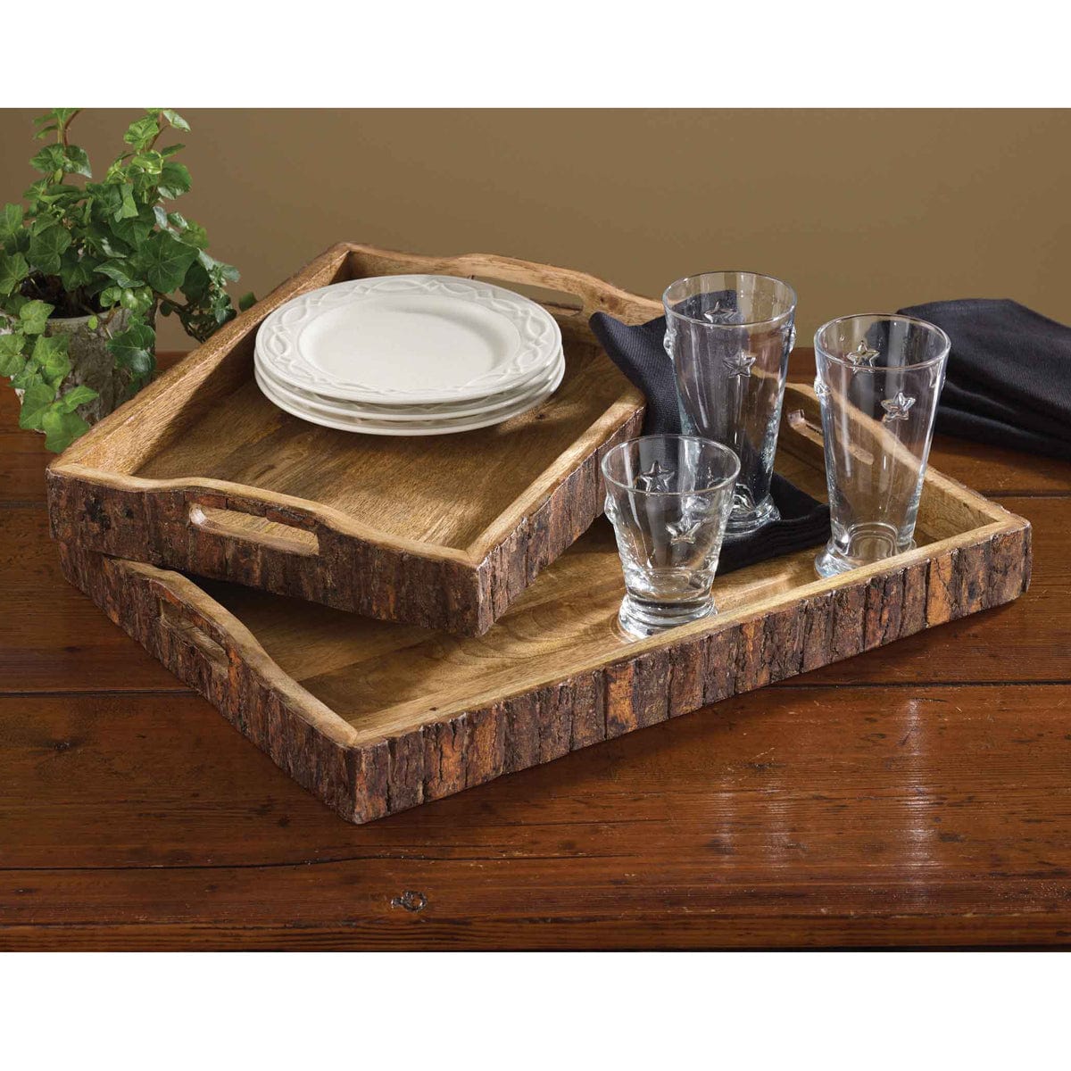 Wood with bark edge Serving Tray Set of 2-Park Designs-The Village Merchant