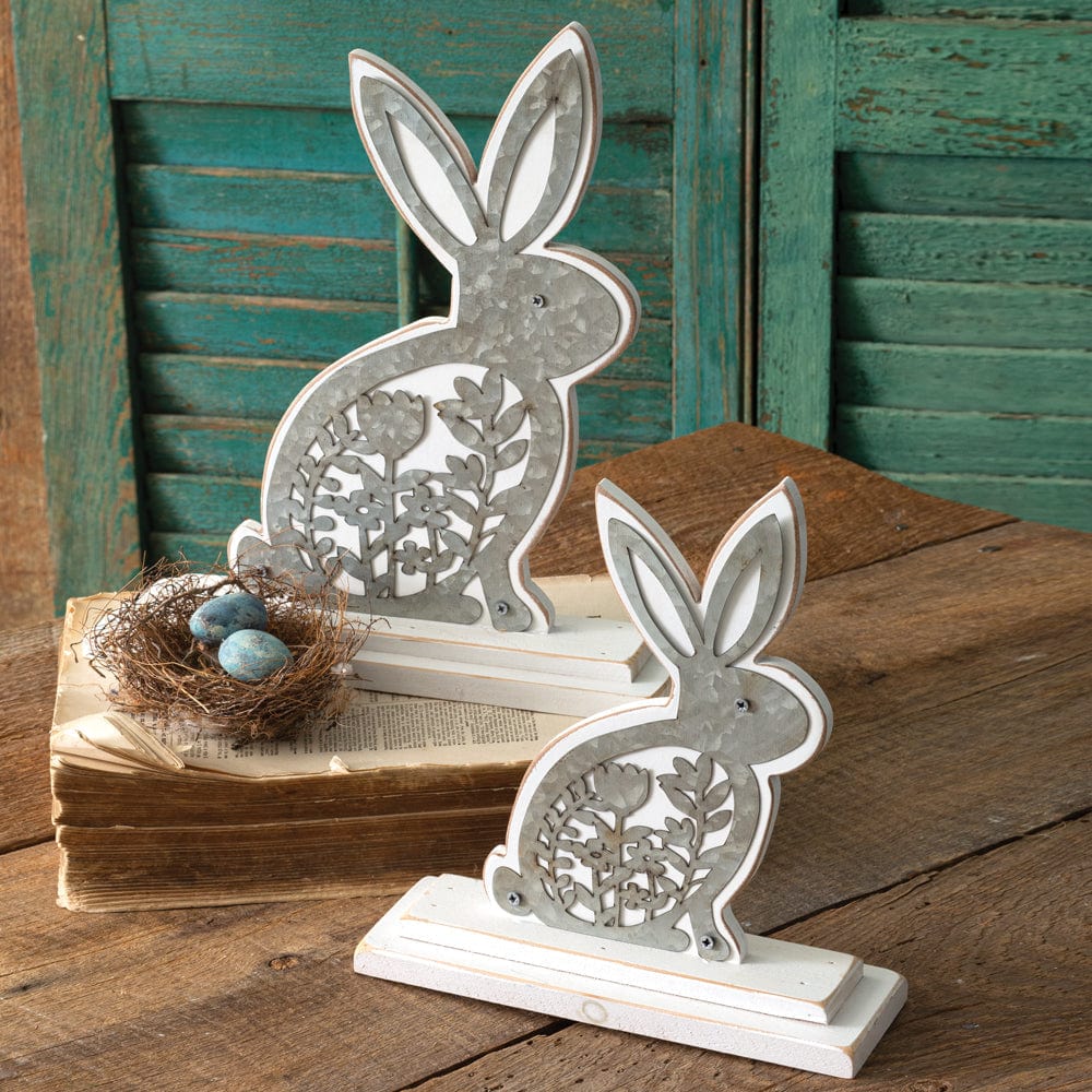 Wooden Bunnies with Metal Cutouts Figurine Set of 2 - Assorted Sizes-CTW Home-The Village Merchant