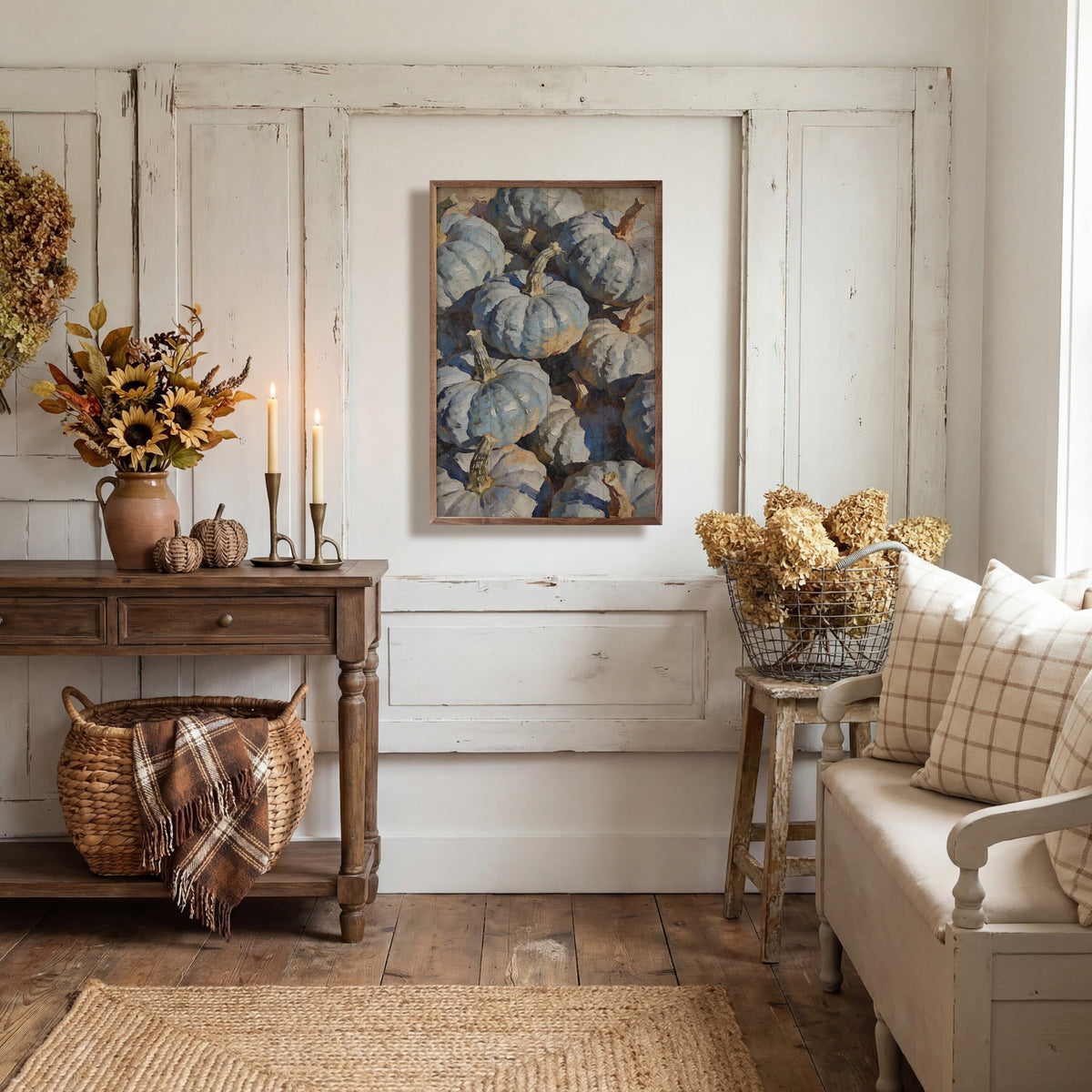 Blue Heirloom Pumpkin Cluster Printed and Framed Wall Sign