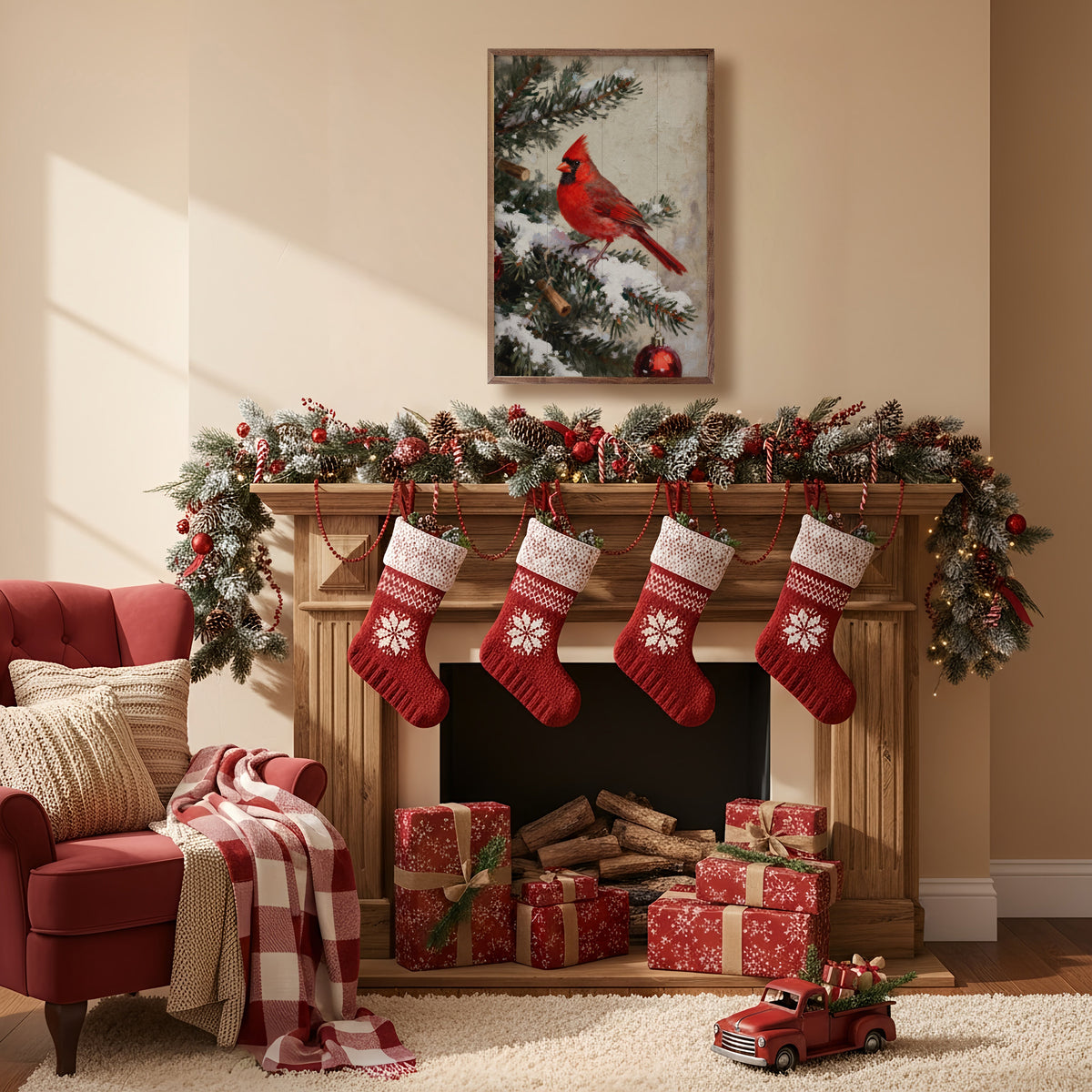 Cardinal Christmas On Snowy Branch Printed and Framed Wall Sign