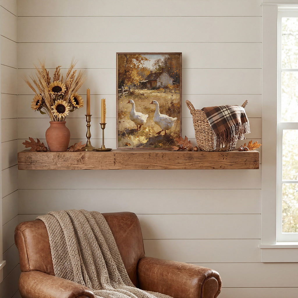 Country Geese In Autumn Field Printed and Framed Wall Sign