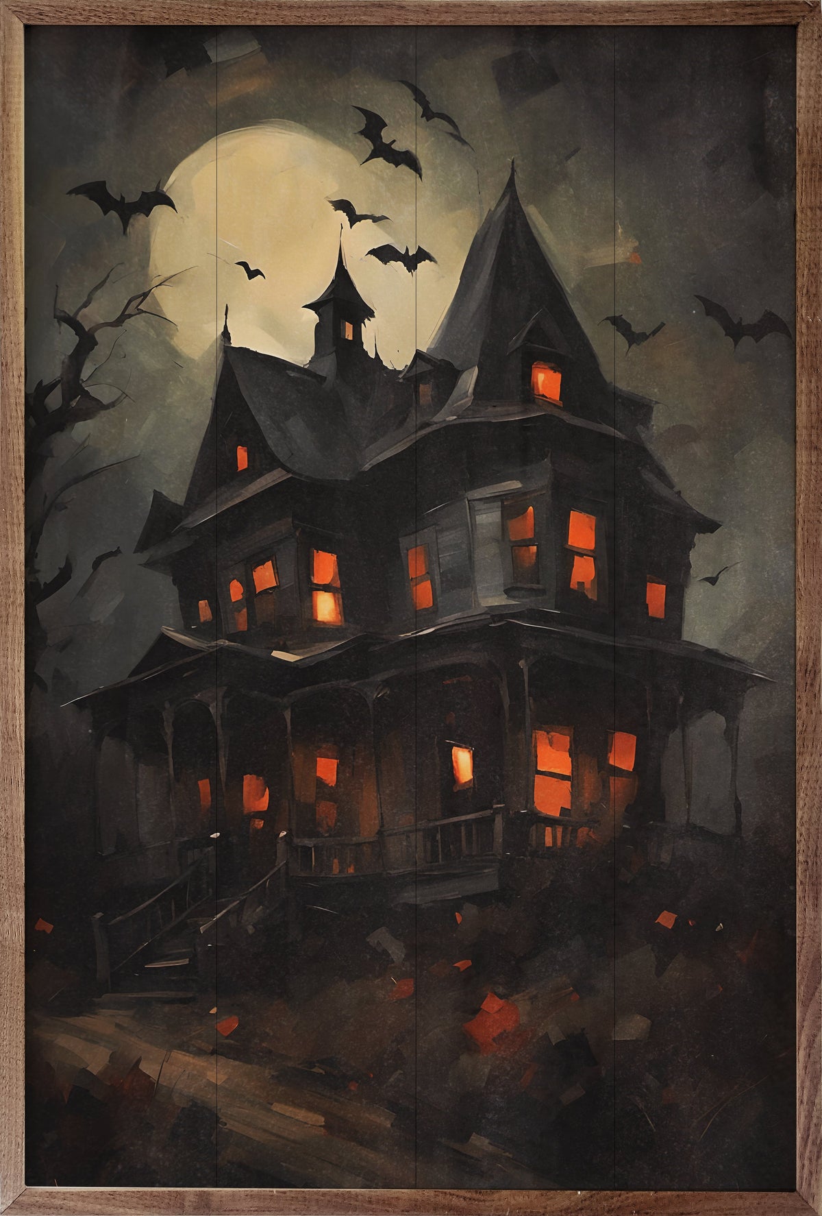 Haunted House With Bats Printed and Framed Wall Sign