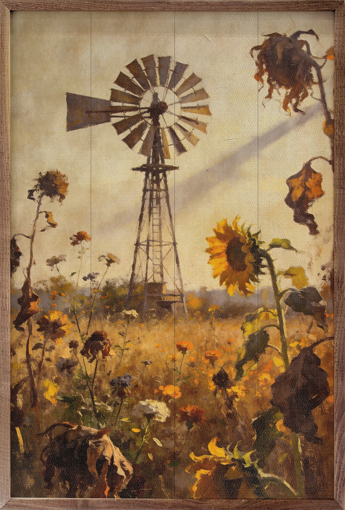 Prairie Windmill In Autumn Sunflower Field Printed and Framed Wall Sign