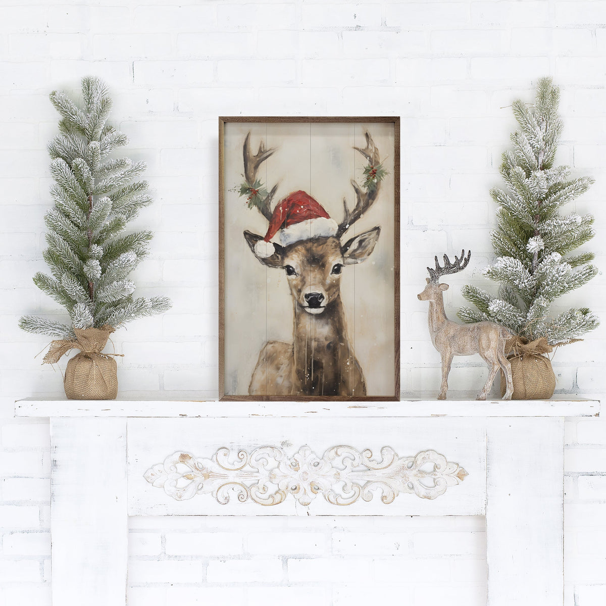 Reindeer With Hat By Petals Prints Design Printed and Framed Wall Sign