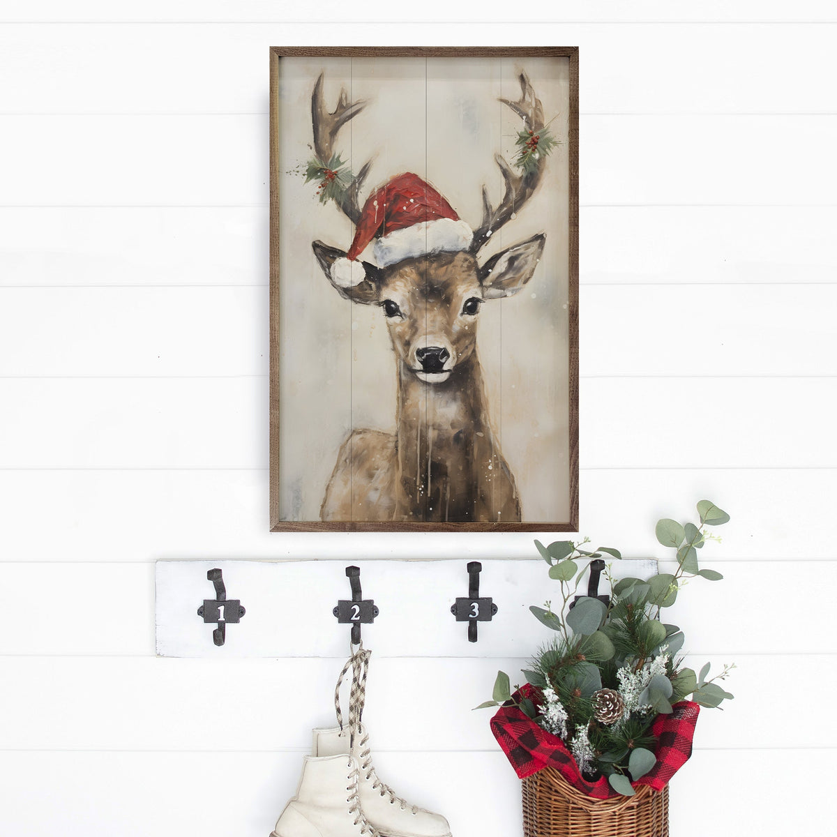 Reindeer With Hat By Petals Prints Design Printed and Framed Wall Sign
