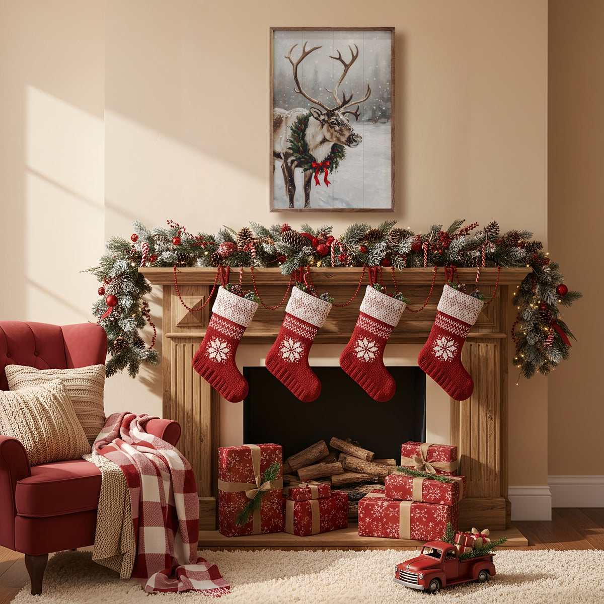 Reindeer With Wreath Printed and Framed Wall Sign