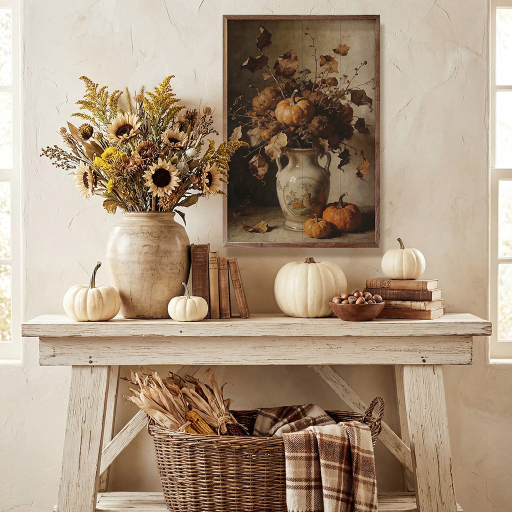 Rustic Autumn Floral With Harvest Pumpkins Printed and Framed Wall Sign