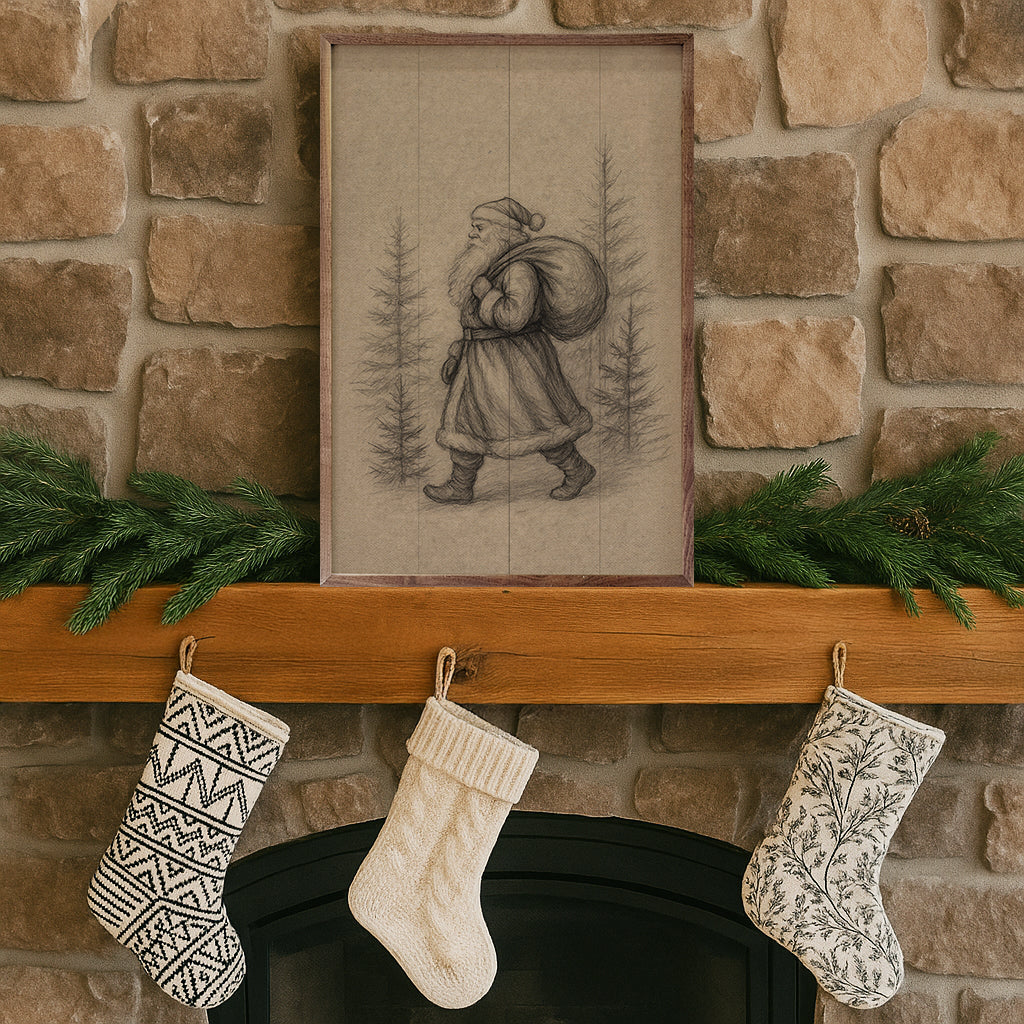Saint Nick Walking Through Pines Printed and Framed Wall Sign