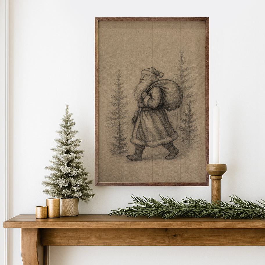 Saint Nick Walking Through Pines Printed and Framed Wall Sign