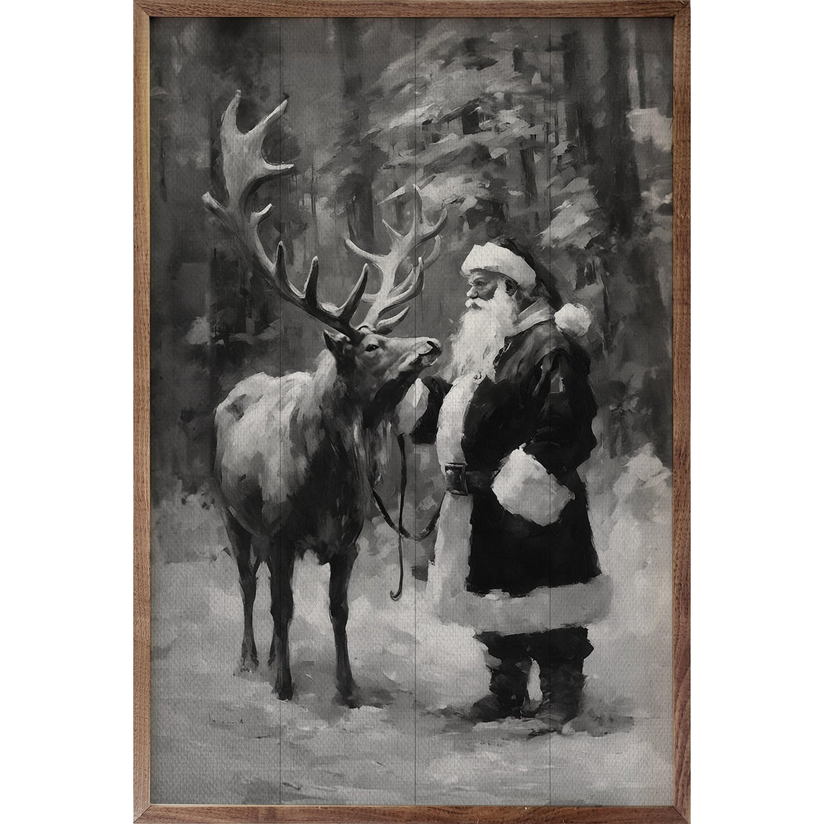 Santa And Reindeer BW Printed and Framed Wall Sign