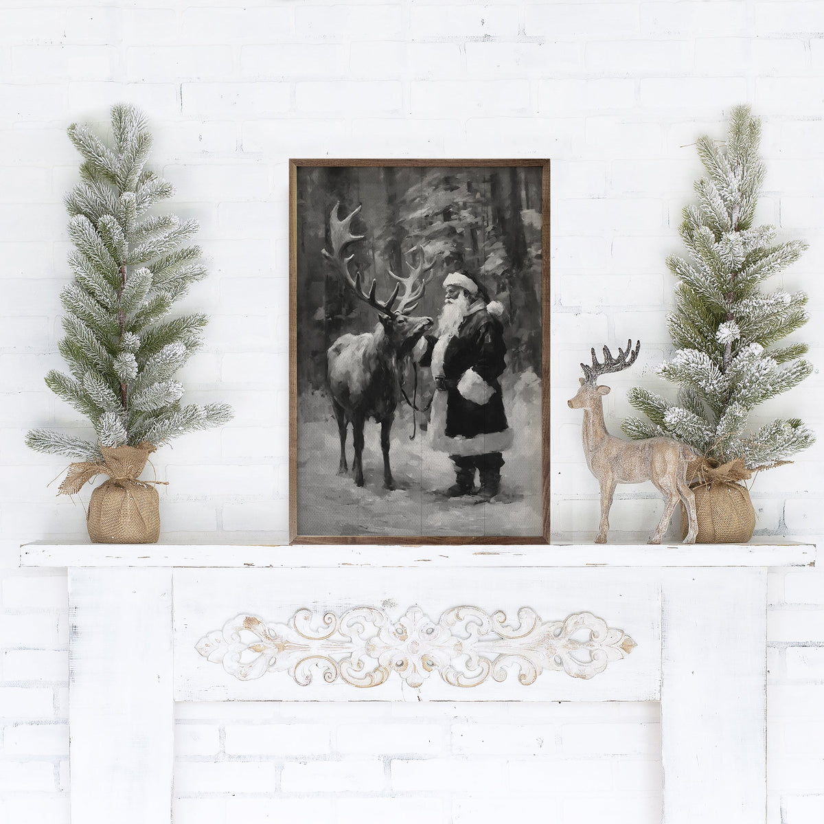 Santa And Reindeer BW Printed and Framed Wall Sign