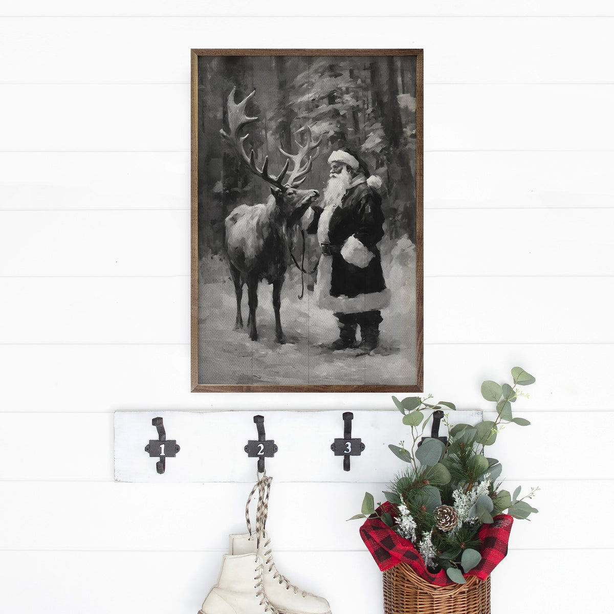 Santa And Reindeer BW Printed and Framed Wall Sign
