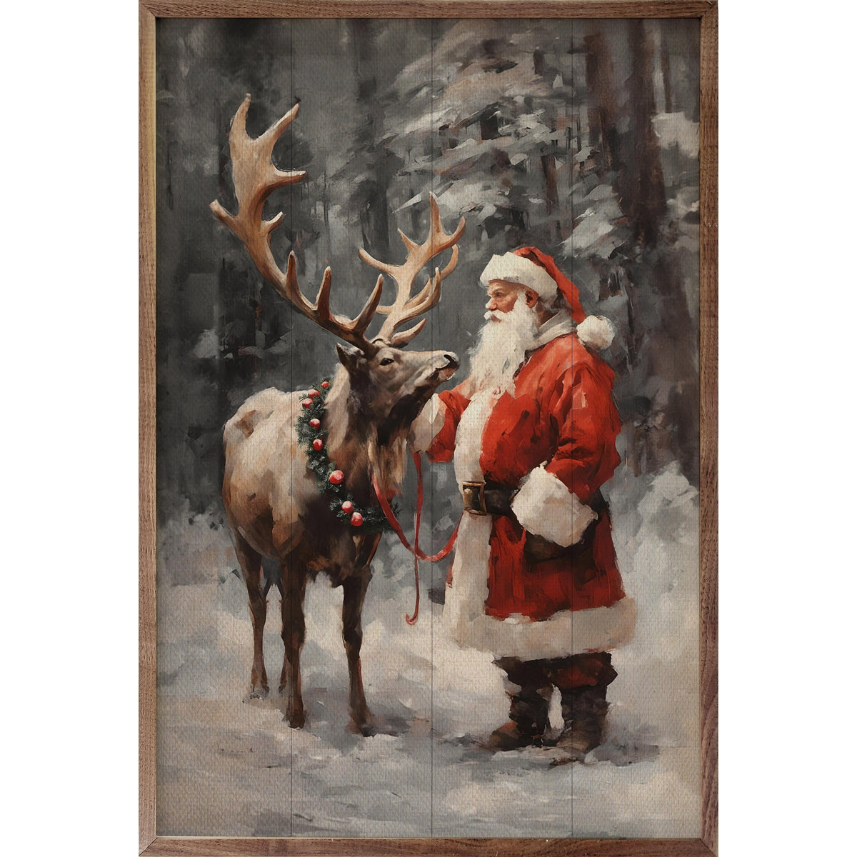 Santa And Reindeer Color Printed and Framed Wall Sign