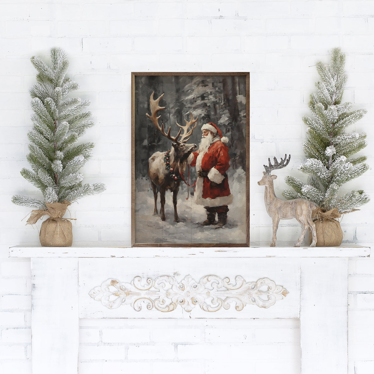 Santa And Reindeer Color Printed and Framed Wall Sign