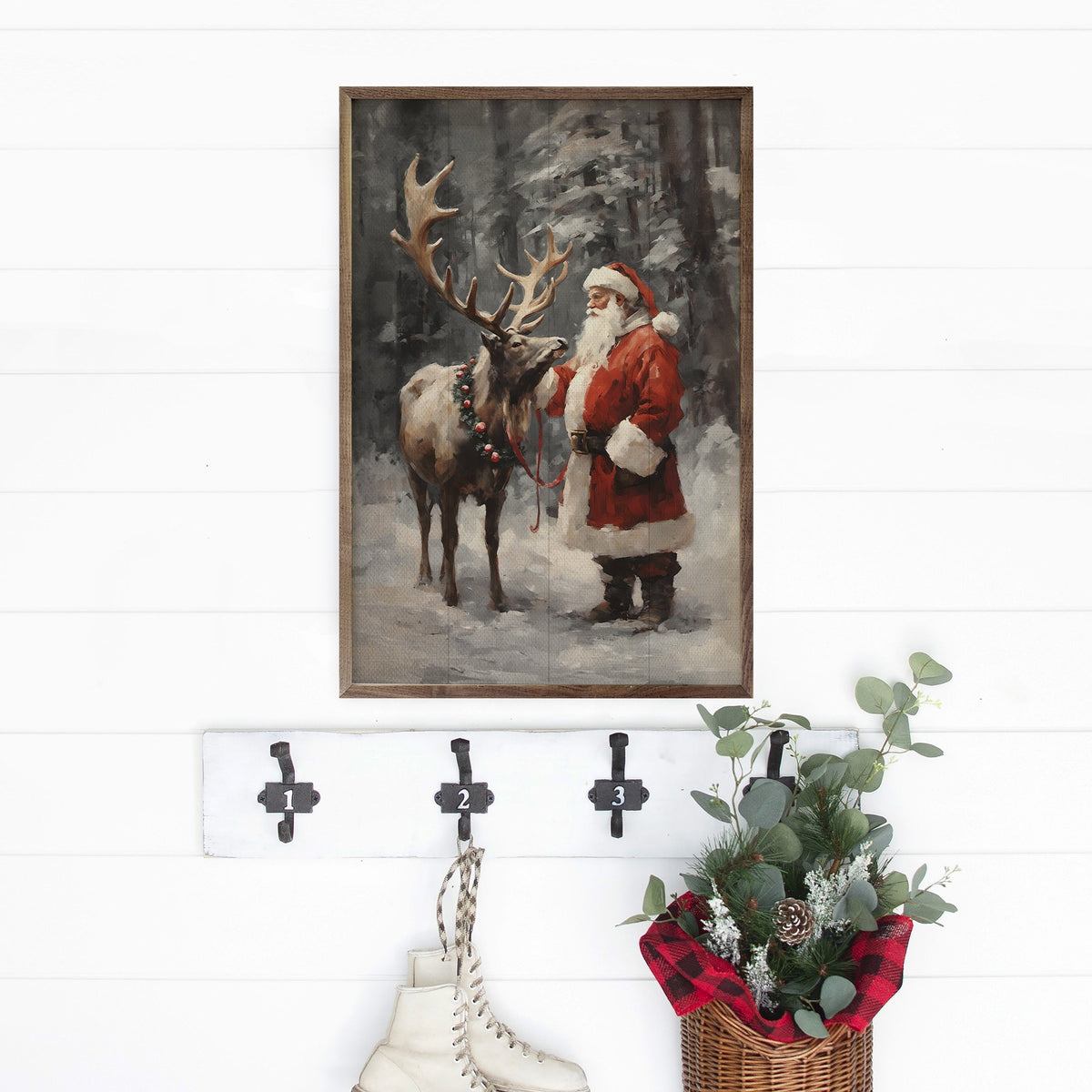Santa And Reindeer Color Printed and Framed Wall Sign