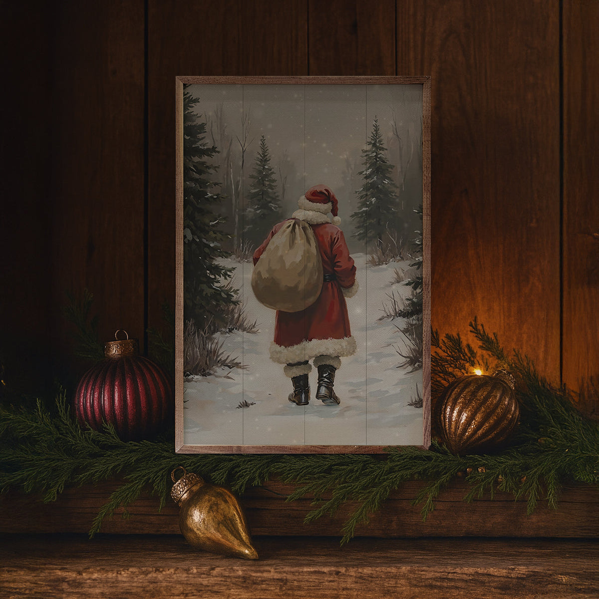 Santa Claus Walking In Timber Printed and Framed Wall Sign