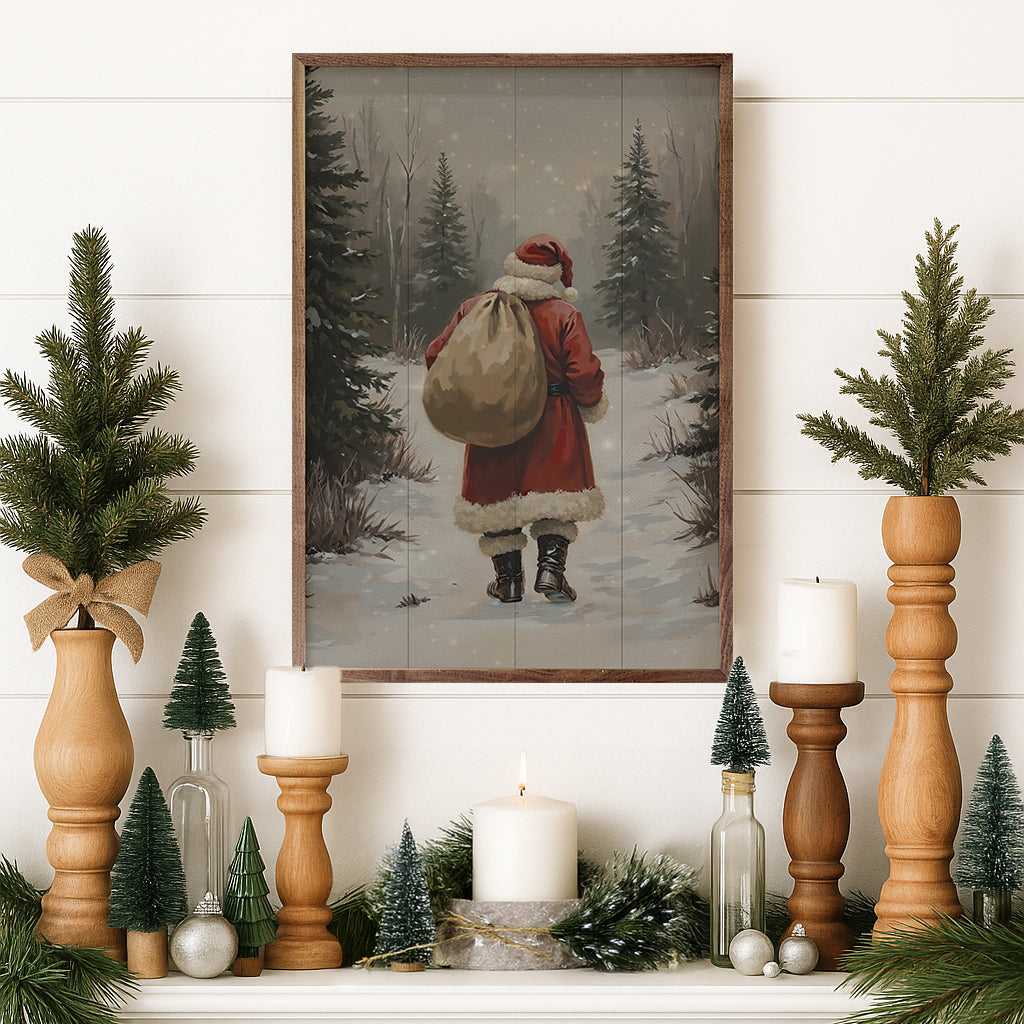 Santa Claus Walking In Timber Printed and Framed Wall Sign