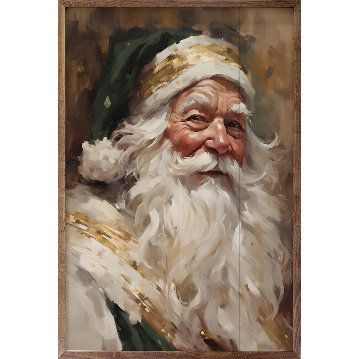 Santa In Green With Gold Printed and Framed Wall Sign