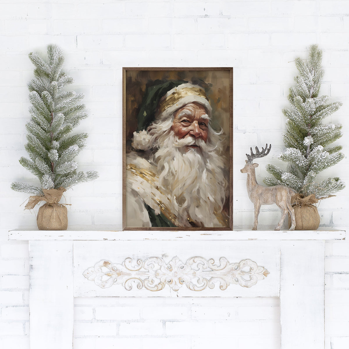 Santa In Green With Gold Printed and Framed Wall Sign