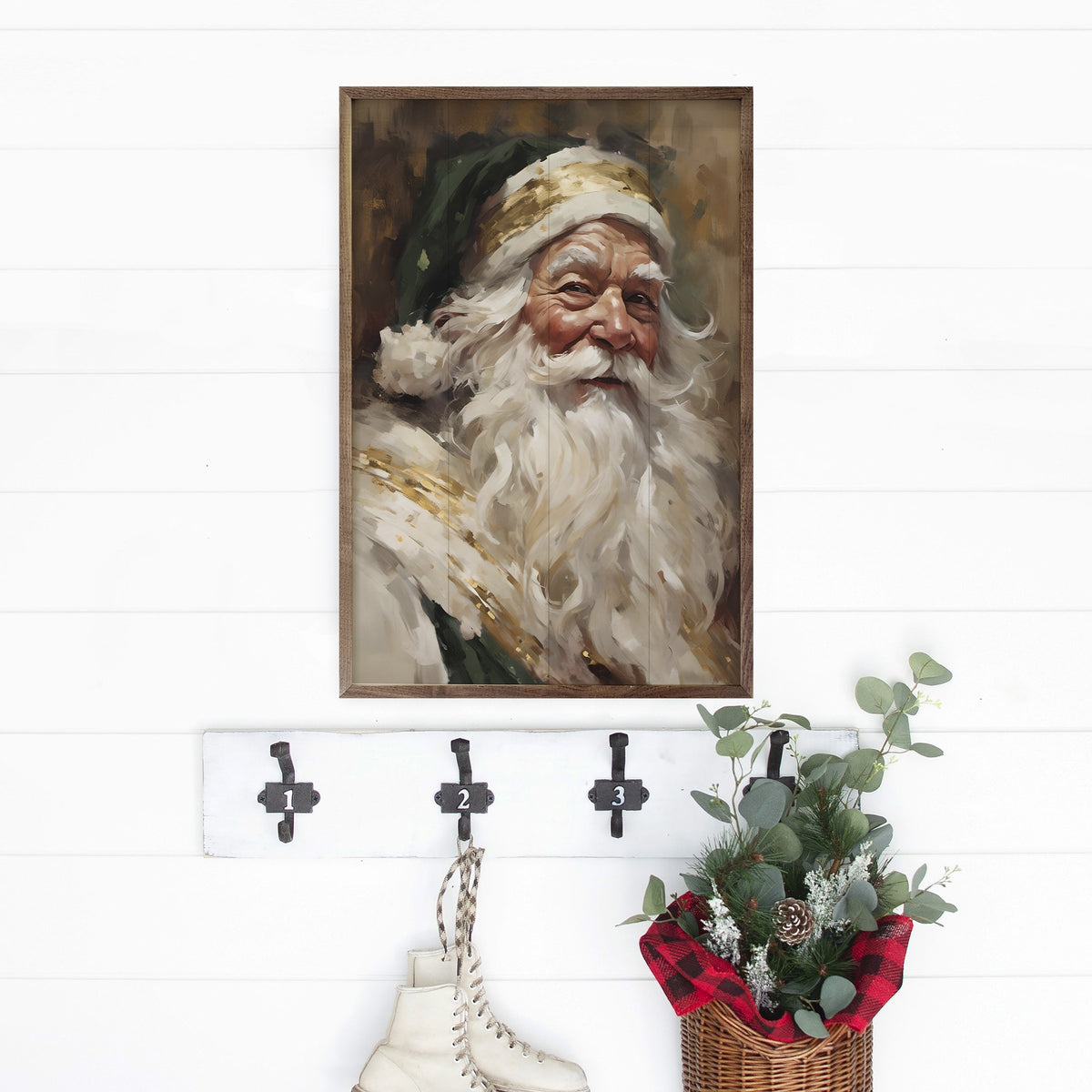 Santa In Green With Gold Printed and Framed Wall Sign