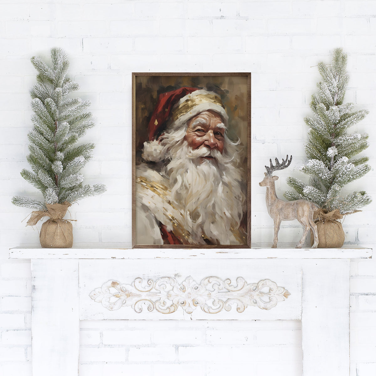 Santa In Red With Gold Printed and Framed Wall Sign