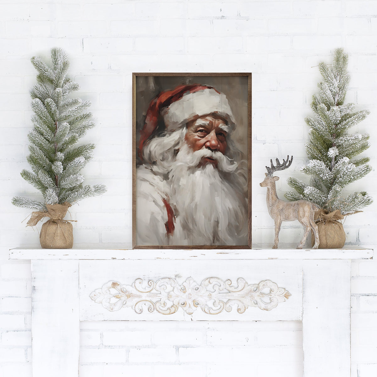 Santa Portrait In White Printed and Framed Wall Sign
