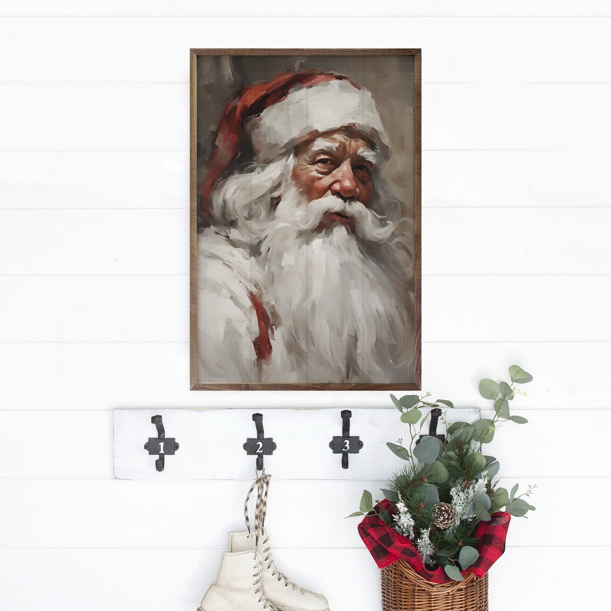 Santa Portrait In White Printed and Framed Wall Sign